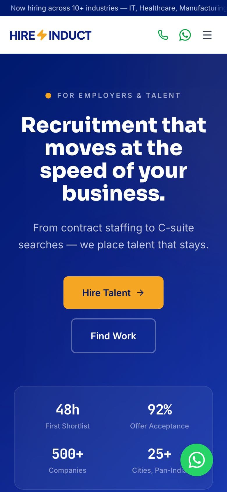 Hire Induct website on mobile